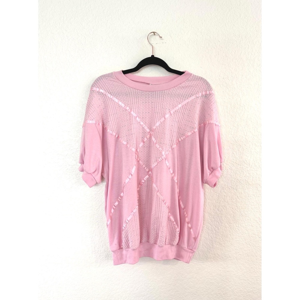 Vintage Pink Textured Knit Top Ribbon Trim Geometric Design Short Sleeve
